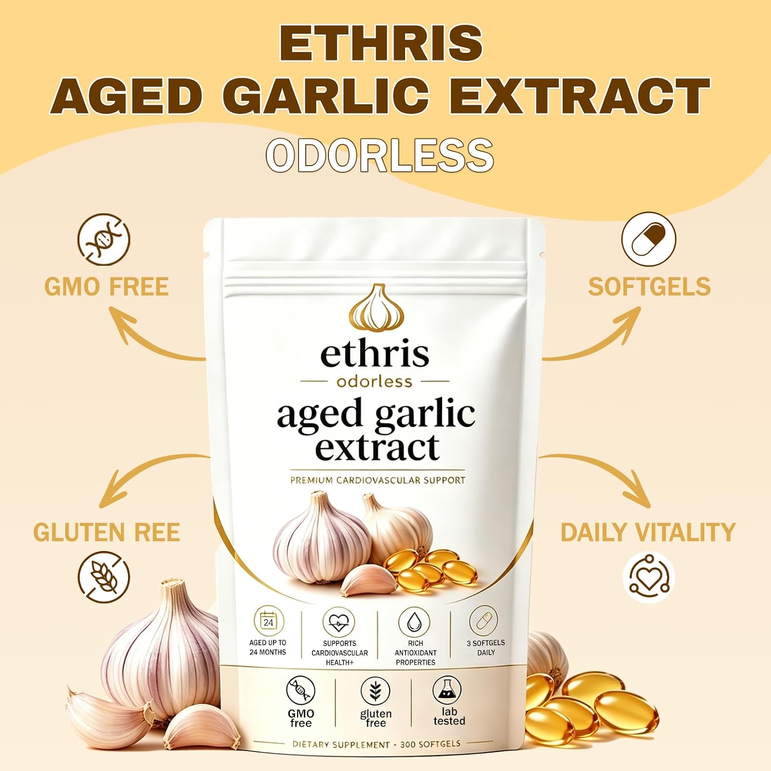 Ethris Aged Garlic Extract Odorless Softgels, 24-Month Aged Formula for Immune Support, Daily Vitality, 300 Count (1 Sachet)