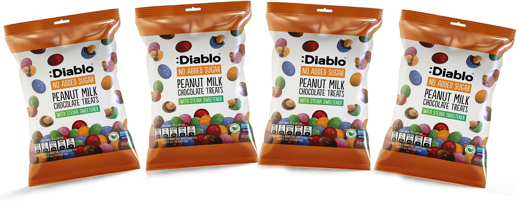 Diablo Milk Chocolate Peanuts - No Added Sugar, Sweetened with Stevia - Individually Packed Bags, Chocolate Covered Nuts Hamper Basket Available for Gifting - Peanut Milk Chocolates - 40 g Pack of 4
