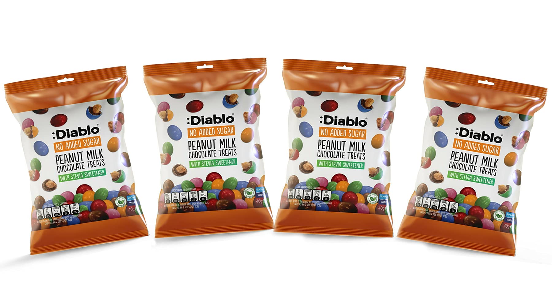 Diablo Milk Chocolate Peanuts - No Added Sugar, Sweetened with Stevia - Individually Packed Bags, Chocolate Covered Nuts Hamper Basket Available for Gifting - Peanut Milk Chocolates - 40 g Pack of 4