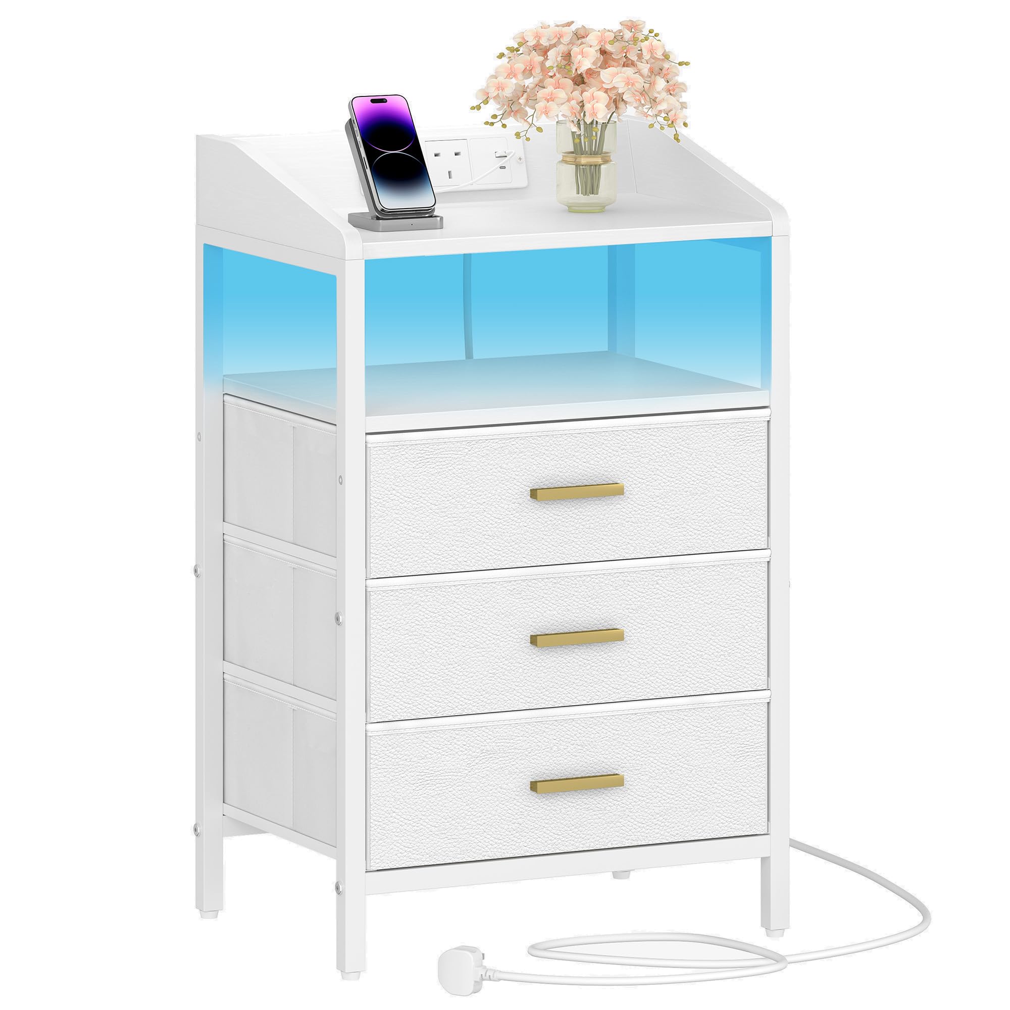 Hzuaneri Bedside Table, Charging Station & LED Light, White