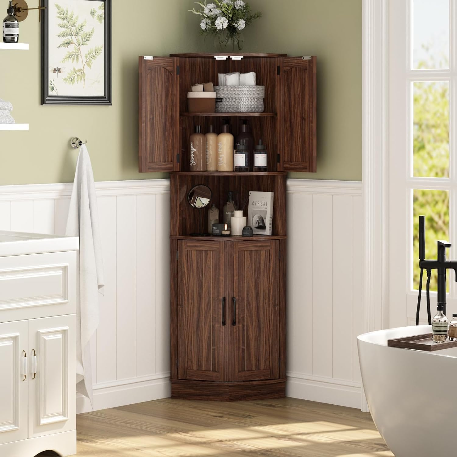 HOKYHOKY Tall Corner Cabinet, 64.7" Corner Storage Cabinet with 4 Doors and 5 Storage Shelves, Farmhouse Space Saver with Arched Door Design for Living Room, Kitchen, Bathroom, Office