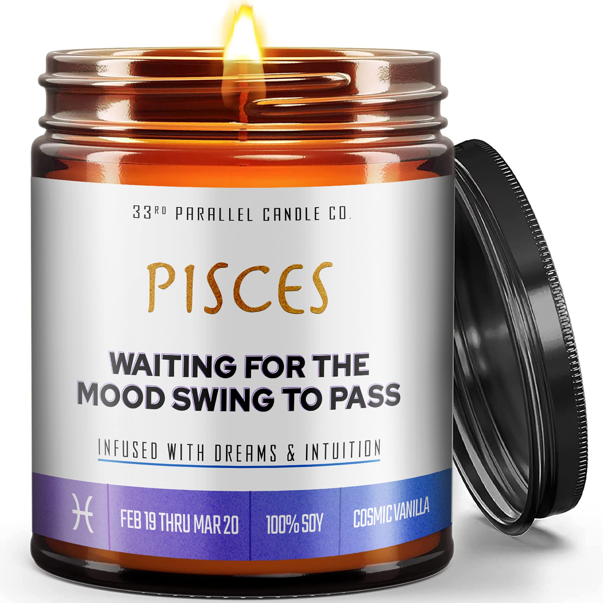 Pisces Zodiac Candle, Hand Crafted USA, 9oz, Vanilla Scent, Modern Style, Birthday Gift, Clean Burn, Gift Box Included