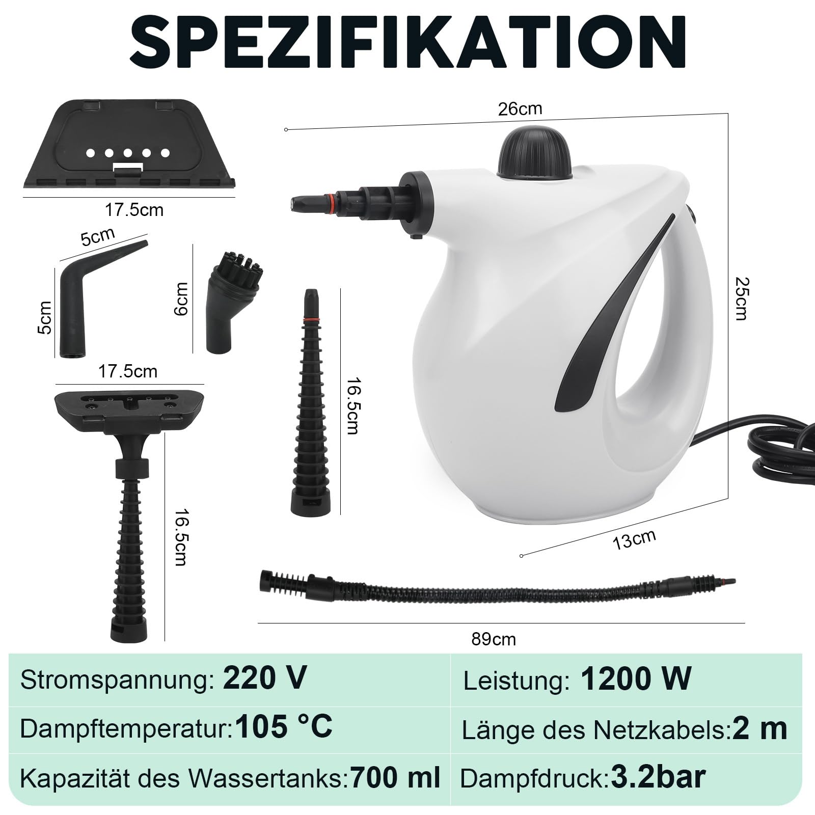 Limpiador de vapor manual, 1200 W, limpiador de vapor para todo con 8 accesorios, 3,2 bar, presión de vapor de 700 ml, portátil para ventanas, cocina, suelo, coche