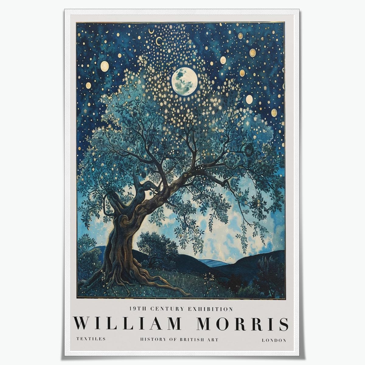 ZZYGGN GMGSW William Morris Style Tree and Moon Canvas Prints Abstract Wall Art William Morris Poster Retro Painting for Home Wall Decor 50x75cm Frameless