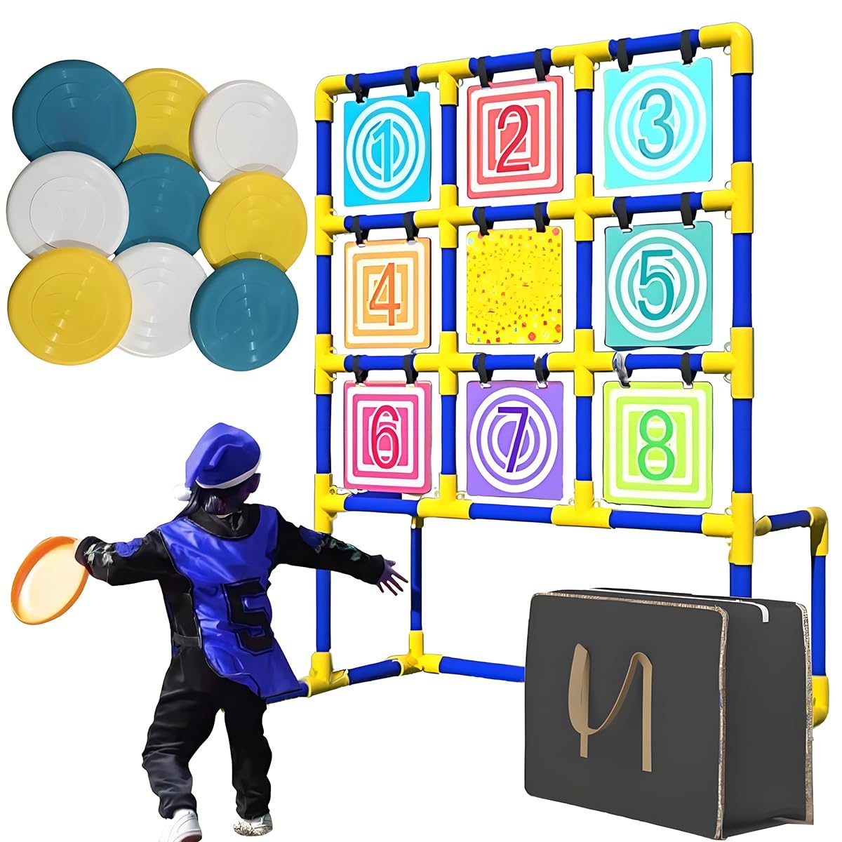 Lancia Il Set di Giochi Target, Il Cortile Che Lancia Un Gioco Frisbee Set per l'interno e l'esterno con 9 Frisbee per Campeggio, Spiaggia, Prato, Facile da allestire con Carry Compact Model A