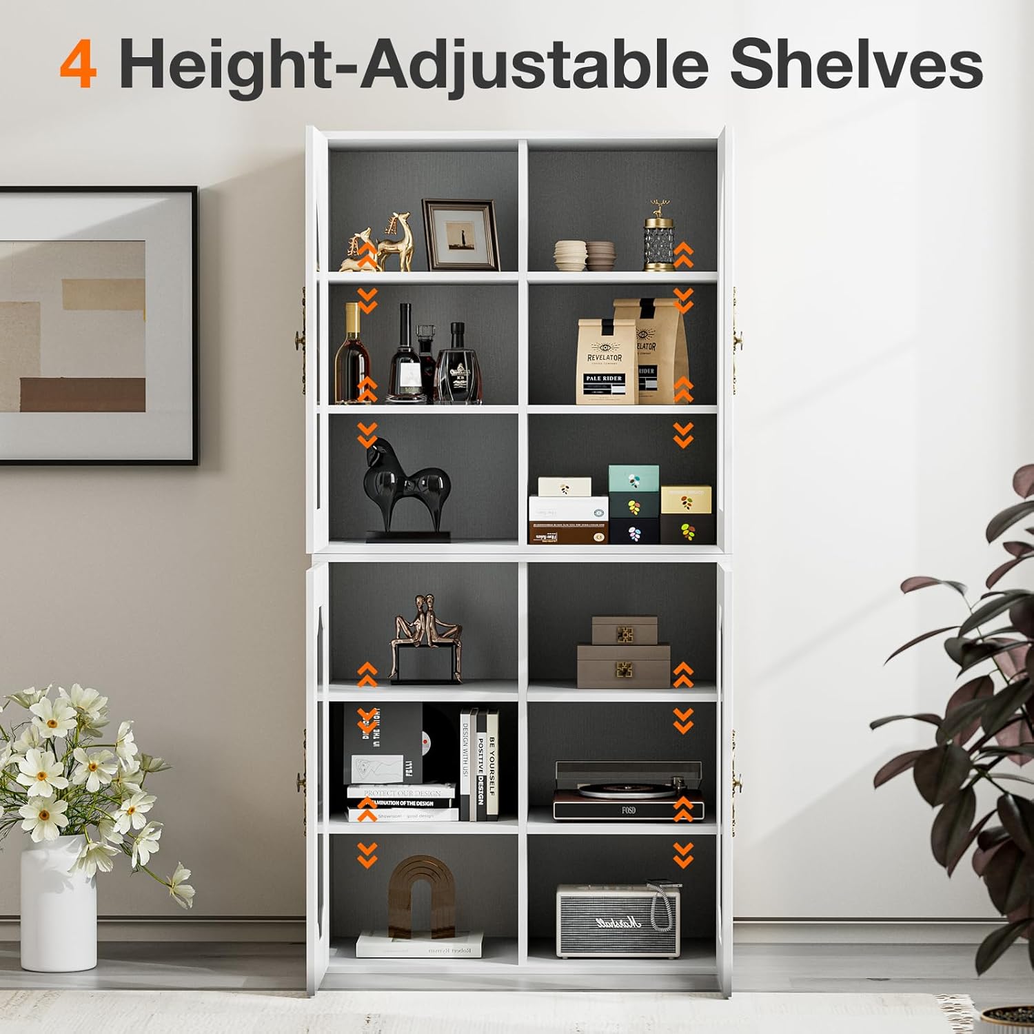 63" Tall Display Cabinet w/Glass DIY Doors, Modular Buffet Pantry Cupboard, Storage Cabinet with Adjustable Shelves, Trophy Display Case, Kitchen Coffee Bar Cabinet Station for Living Room