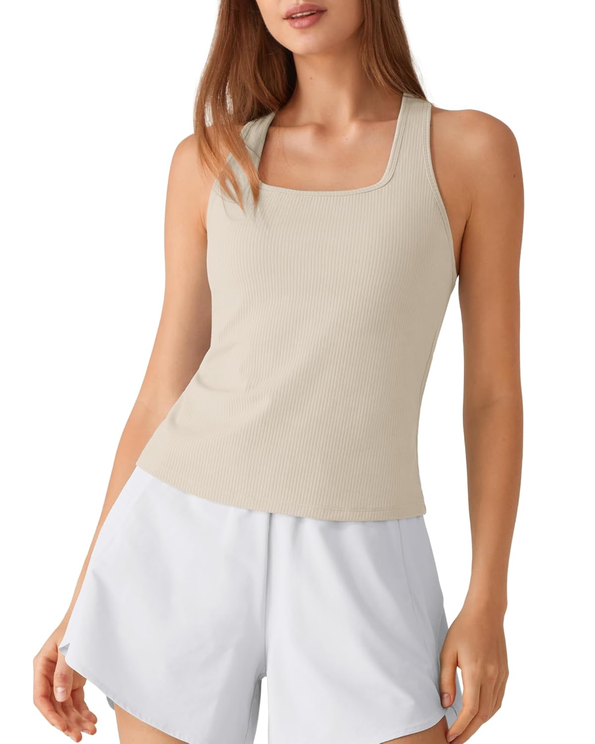 G4Free Ribbed Removable Built in Bra Workout Tank Tops Woman Racerback Square Neck Yoga Top Lightweight Athletic Tanks