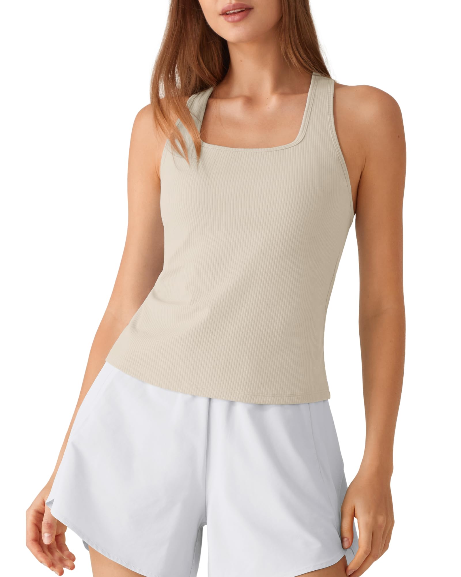G4Free Ribbed Removable Built in Bra Workout Tank Tops Woman Racerback Square Neck Yoga Top Lightweight Athletic Tanks