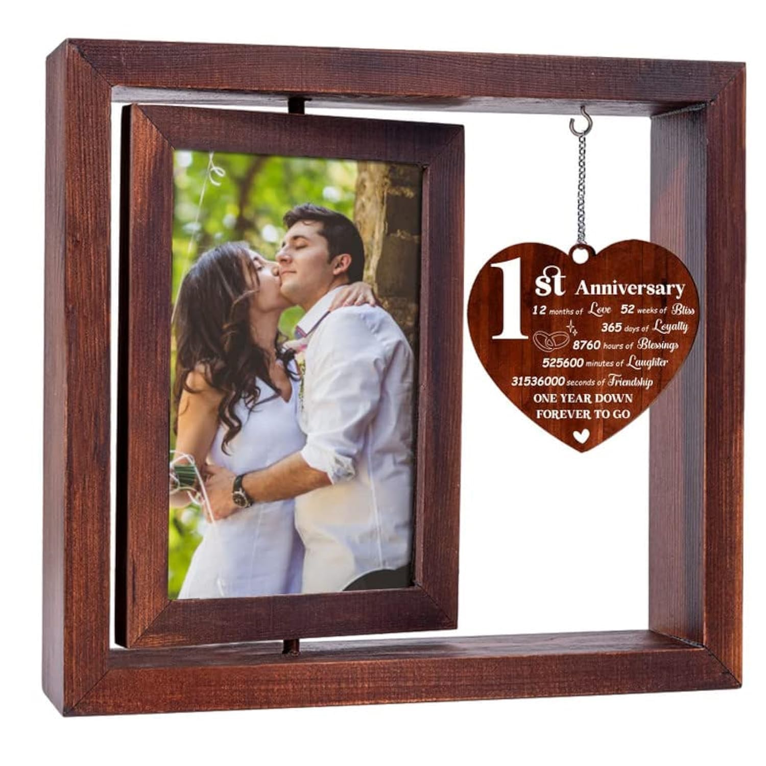 1st Anniversary Wedding Gift for Couple - 4x6 Rotating Picture Frame, Romantic Marriage Present for Wife/Husband, Sturdy Wood Frame