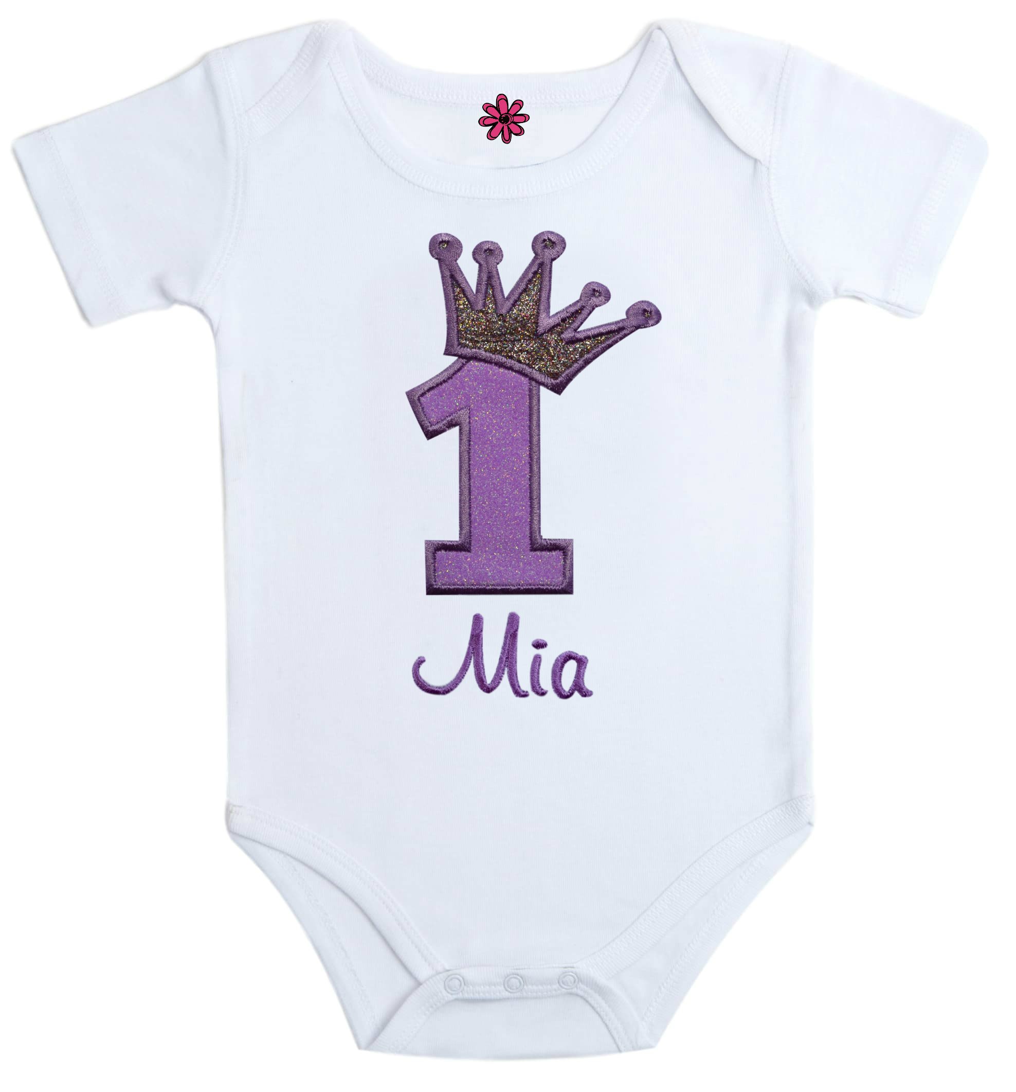 Birthday Girl Personalized Embroidered Sparkling First Birthday Princess Crown Bodysuit with Your Custom Name (24 Months, Purple)