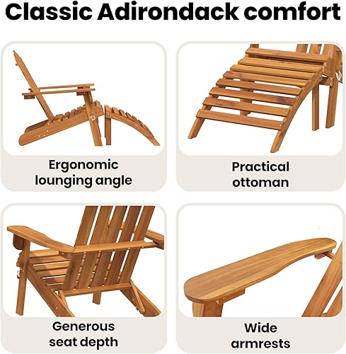 Miniatura 6 de vidaXL Adirondack - Silla de jardín plegable, madera de acacia maciza con reposapiés, resistente a la intemperie, para jardín, patio, terraza, balcón