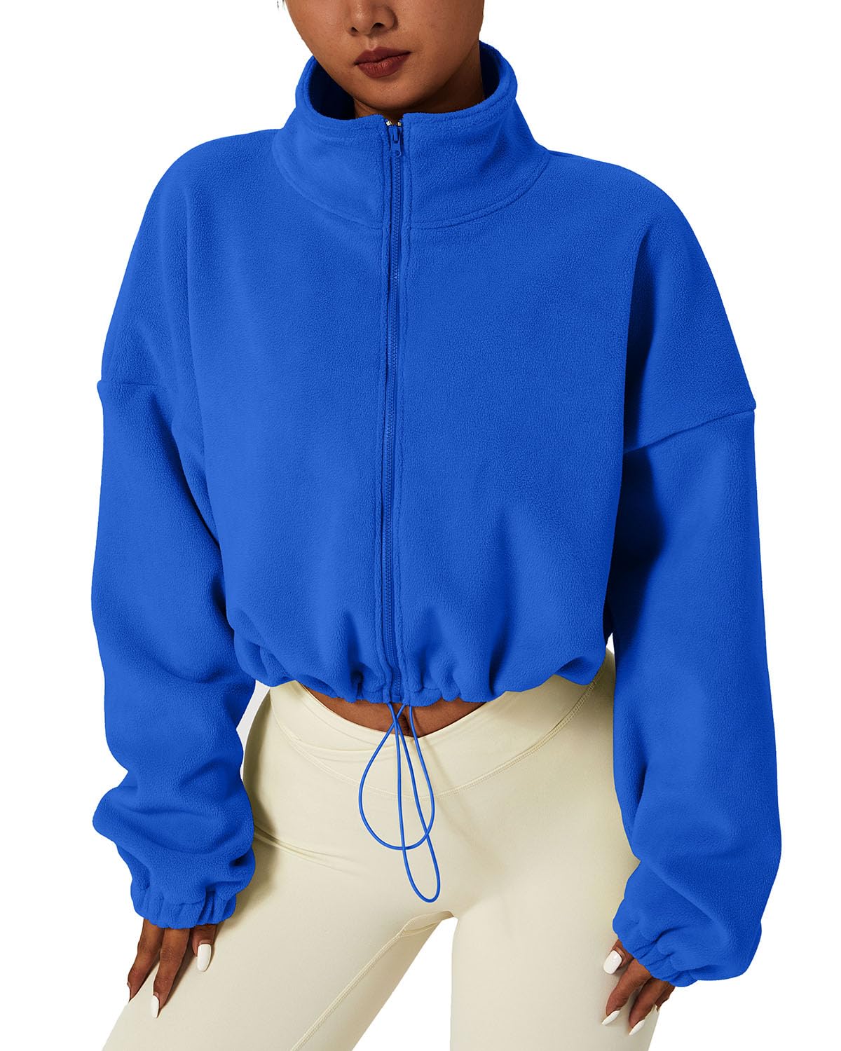 QINSEN Women's Full Zip Fleece Short Jacket Warm Winter Long Sleeve Stand Collar Sherpa Crop Coat