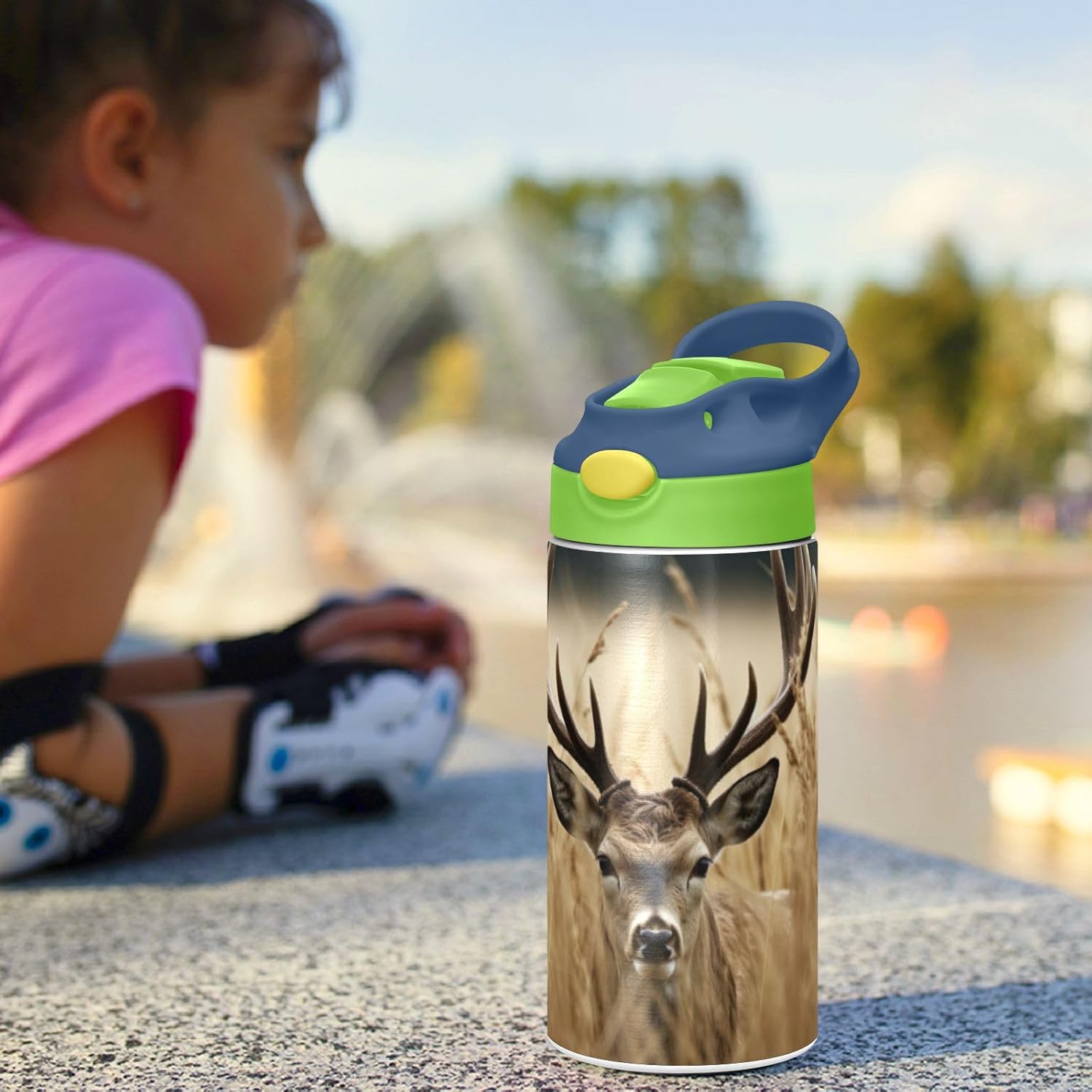 YETTASBIN Deer Water Bottle for Kids, 12 oz Leakproof Double Walled Insulated Stainless Steel Water Bottle Travel Tumbler with Straw Lid for Girls Boys Toddlers