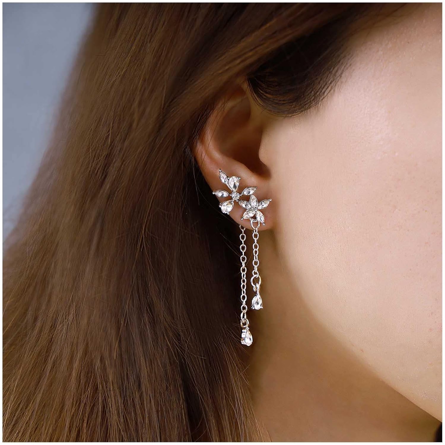 Andelaisi Vintage CZ Tassel Drop Earrings Silver Waterdrop Crystal Dangle Earrings Long CZ Chain Earrings Boho Crystal Flower Stud Earrings Jewelry for Women - Image 2