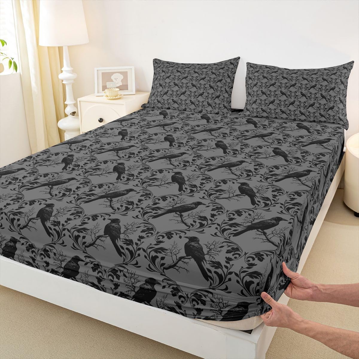 Gothic Crow Fitted Sheet Charcoal Grey Damask Full Size Bed Sheets | Goth Vintage Floral Baroque Victorian Bedding Set