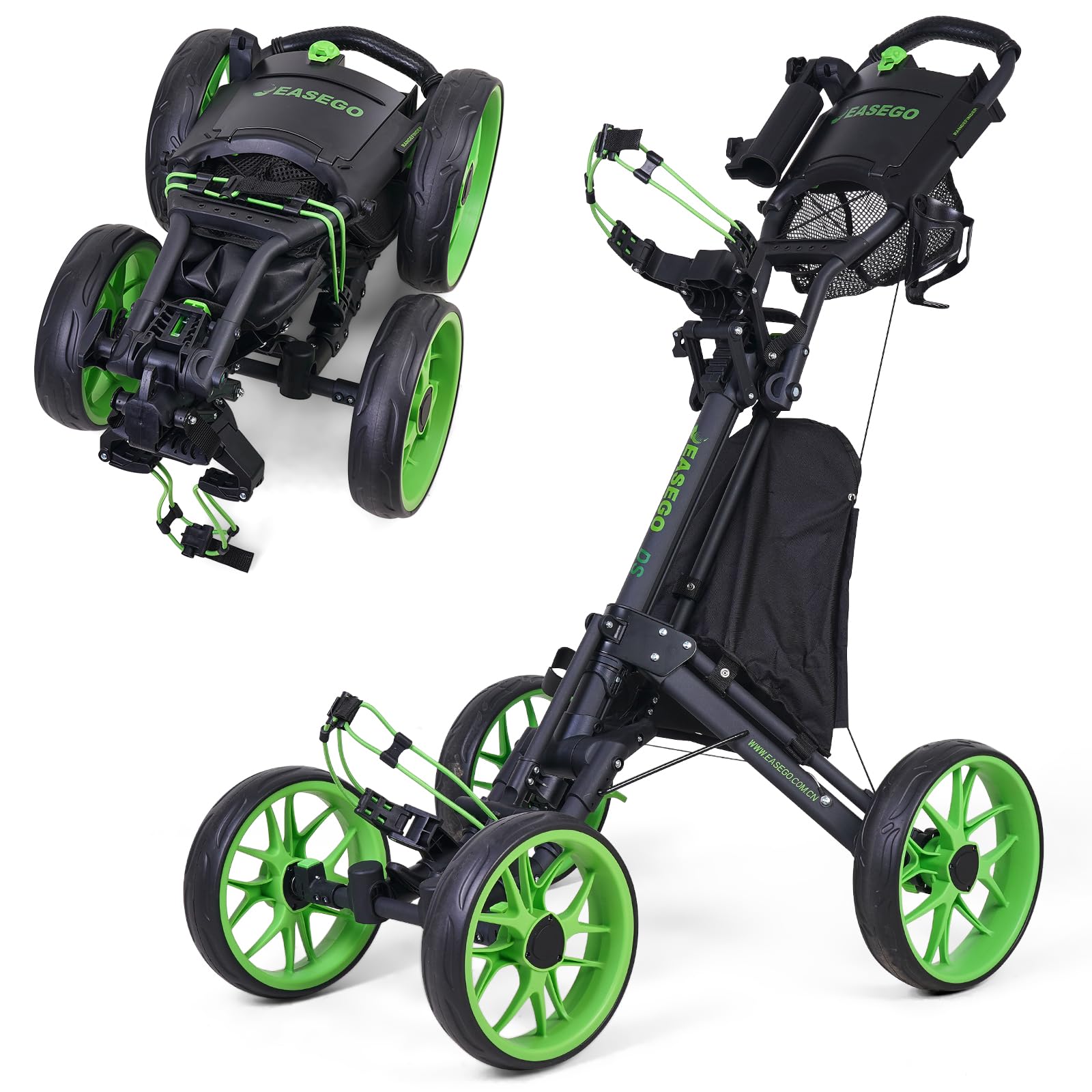 Golf Push Cart 4 Wheel Golf Walking Carts with Phone Holder Cup Holder Umbrella Holder Foot Brake Cooler