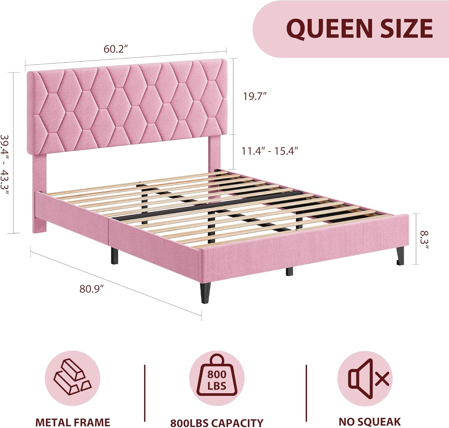 GAOMON Pink Queen Bed Frame with Upholstered Headboard, Heavy-Duty Platform Bed Frame with Strong Wood Slats, No Box Spring Needed/Noise Free/Easy Assembly