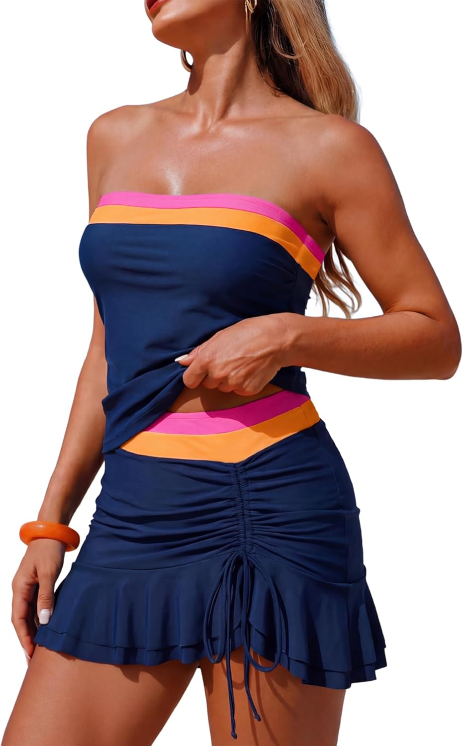 ZAFUL Colorblock Bandeau Tankini Swimsuits for Women 2 Piece Tummy Control Bathing Suit Drawstring Ruffle Swim Skort