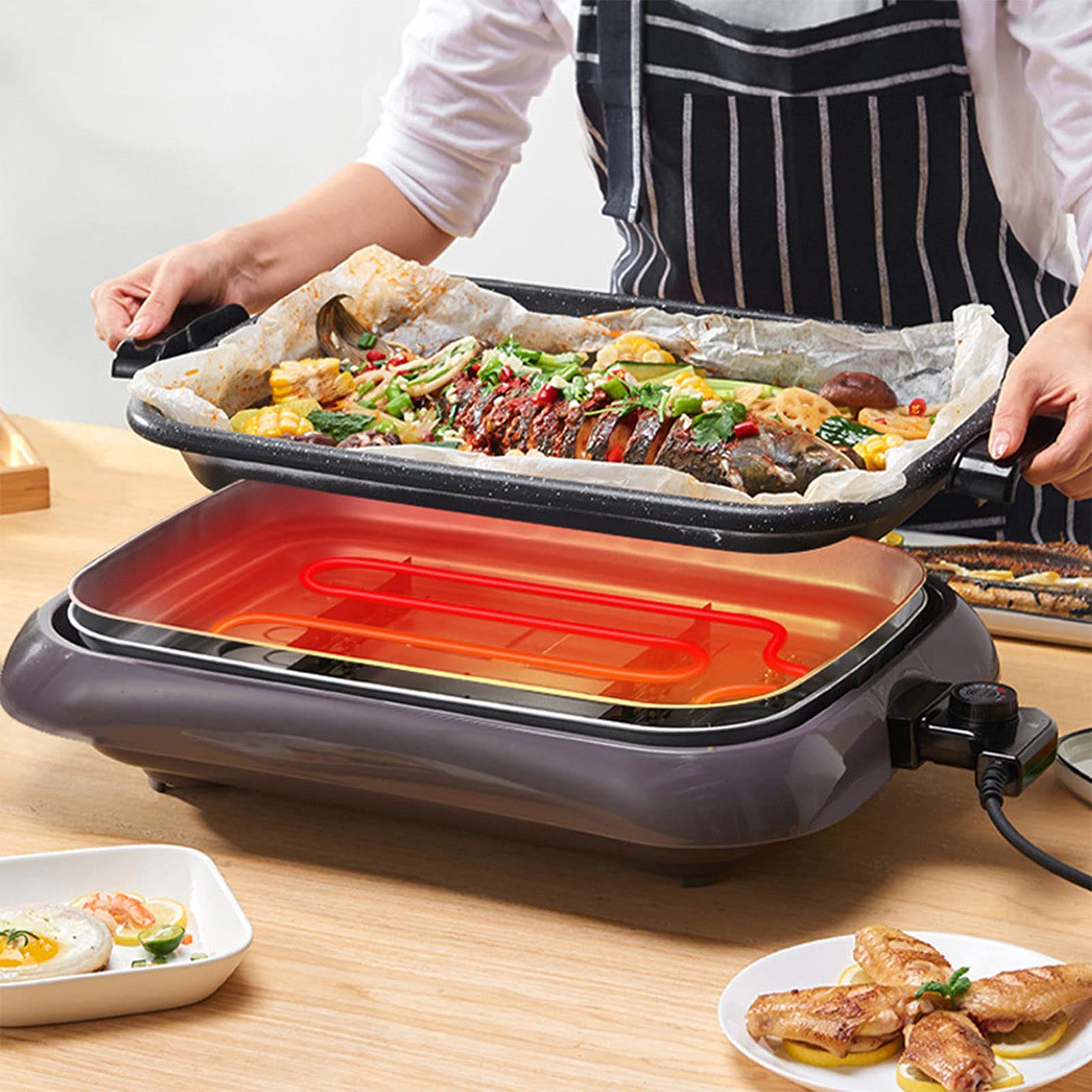 Grill Senza Fumo per Interni, con Coperchio in Vetro Temperato, Piastra Grill per il Controllo Della Temperatura di Balconi Interni, Facile da Pulire, Black