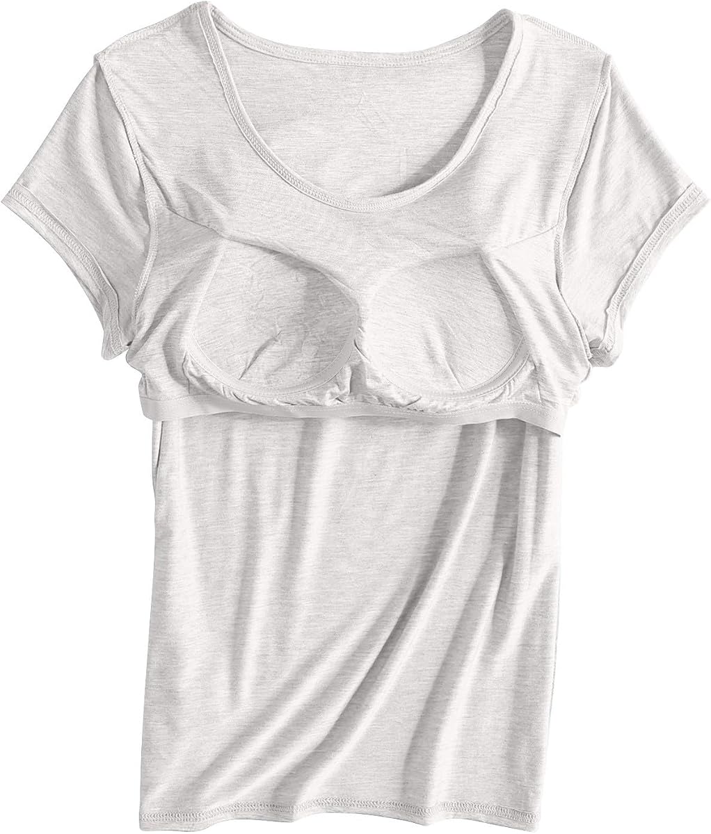 Shirts with Built in Bra for Women Short Sleeve Soft Padded Stretchy Tops | 2026 Summer Fall Casual Workout Yoga Shelf Bras Athletic Loose Fit Oversized T-Shirts Plus Size Sleepwear