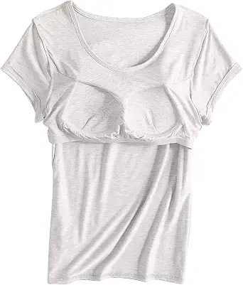 Shirts with Built in Bra for Women Short Sleeve Soft Padded Stretchy Tops | 2026 Summer Fall Casual Workout Yoga Shelf Bras Athletic Loose Fit Oversized T-Shirts Plus Size Sleepwear