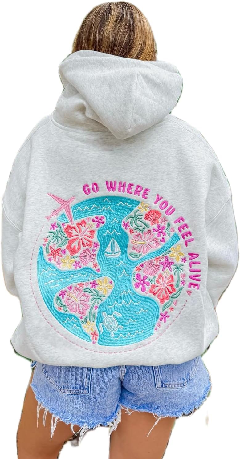 Hawaii Beach Graphic Hoodies for Women Teen Girls Flower Embroidery Oversized Hooded Sweatshirts Vintage Y2k Hoodie