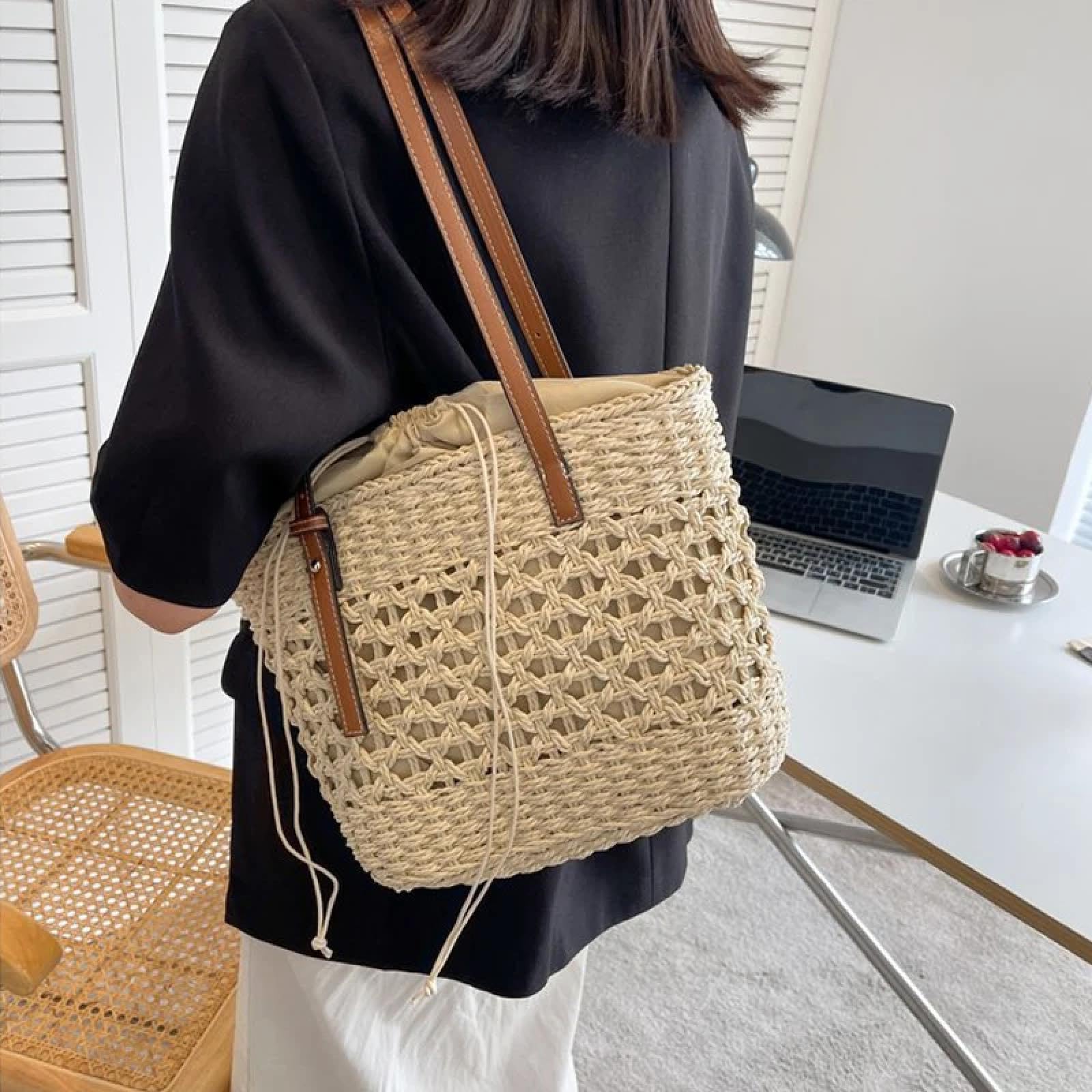 Bolsa De Paja Bolsos Casuales De Paja para Mujer Bolsos De Hombro Tejidos De Mimbre Bolso De Paja De Playa Tote De Gran Capacidad Bolsos Grandes para Señora