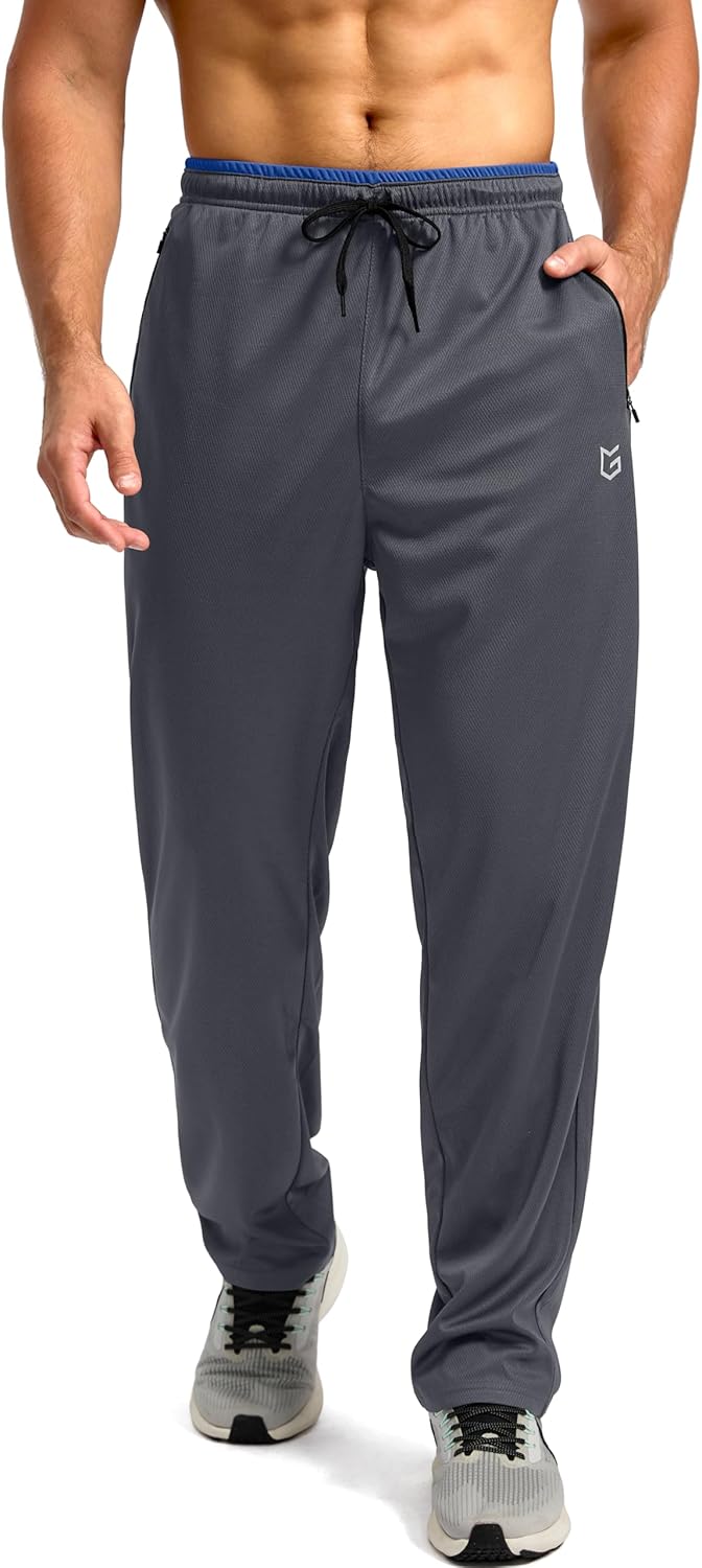 Men's Sweatpants with Zipper Pockets Open Bottom Athletic Pants for Men Workout, Jogging, Running, Lounge (Grey, Large)