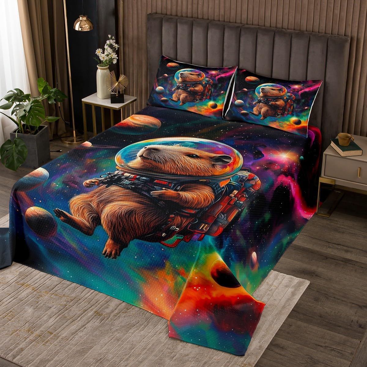 jejeloiu Cutes Capybara Bedspread Queen Size Kids Outer Space Coverlet Set for Boys Girls Teens Colorful Galaxy Quilted Coverlet Breathable Soft Lightweight Microfiber Lovely Pet Room Decor