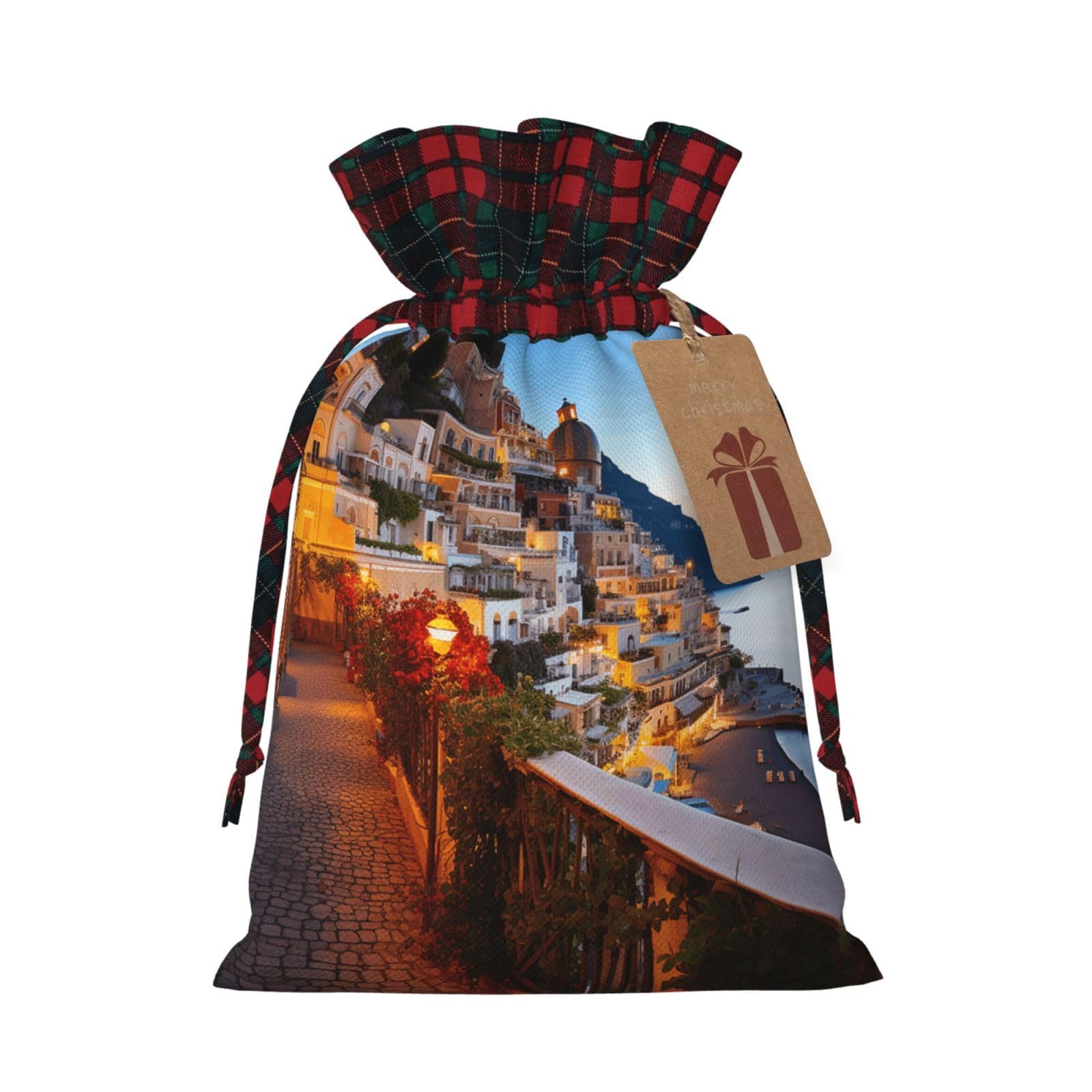 Christmas Drawstring Gift Bags Positano Seaside Sunset Wrapping Bag with Tag Buffalo Plaid Xmas Gift Drawstring Present Bag for Christmas Birthday Holiday Party Santa Candy Sack Pouch