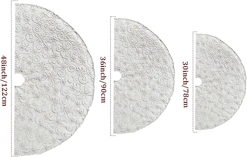 Vista 197 de Faldones de felpa para árbol de Navidad, 36 pulgadas, tapete de lujo de piel sintética blanca nevada con copos de nieve dorados para decoración