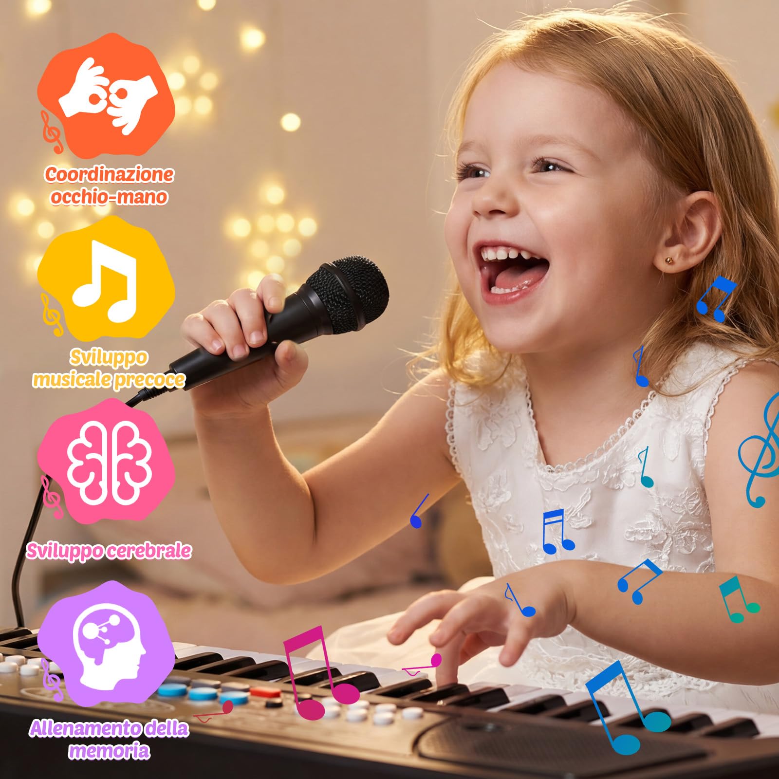 Tastiera Musicale per Bambini con Microfono – Pianoforte per Bambini 37 Tasti, Mini Pianola con Funzione di Registrazione, USB/Batteria