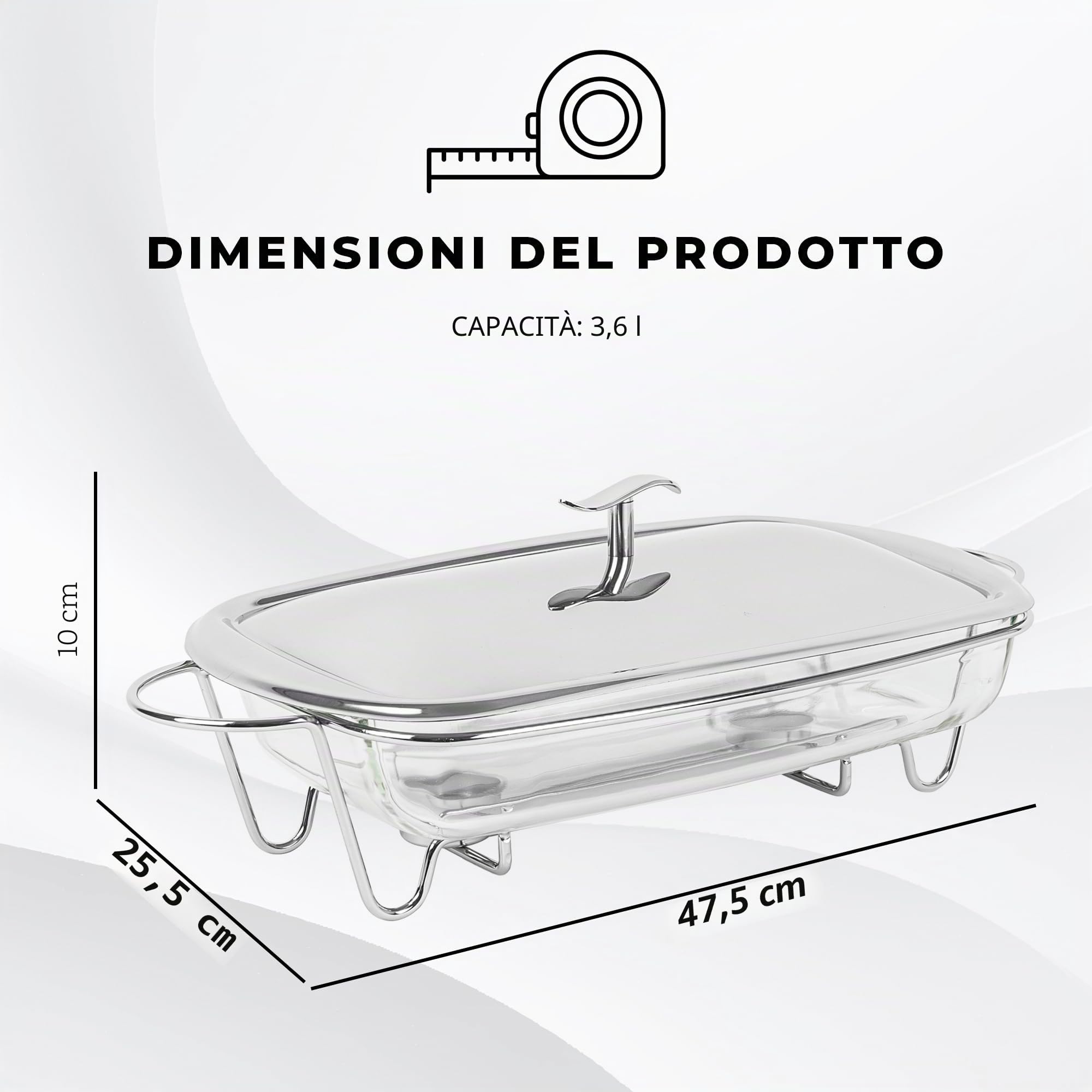 KARL HAUSMANN Pirofila con Scaldavivande 3,6L con Coperchio - Pirofila in Vetro con Supporto Riscaldante E Coperchio in Acciaio, Scaldavivande per Buffet, Forno E Servizio A Tavola