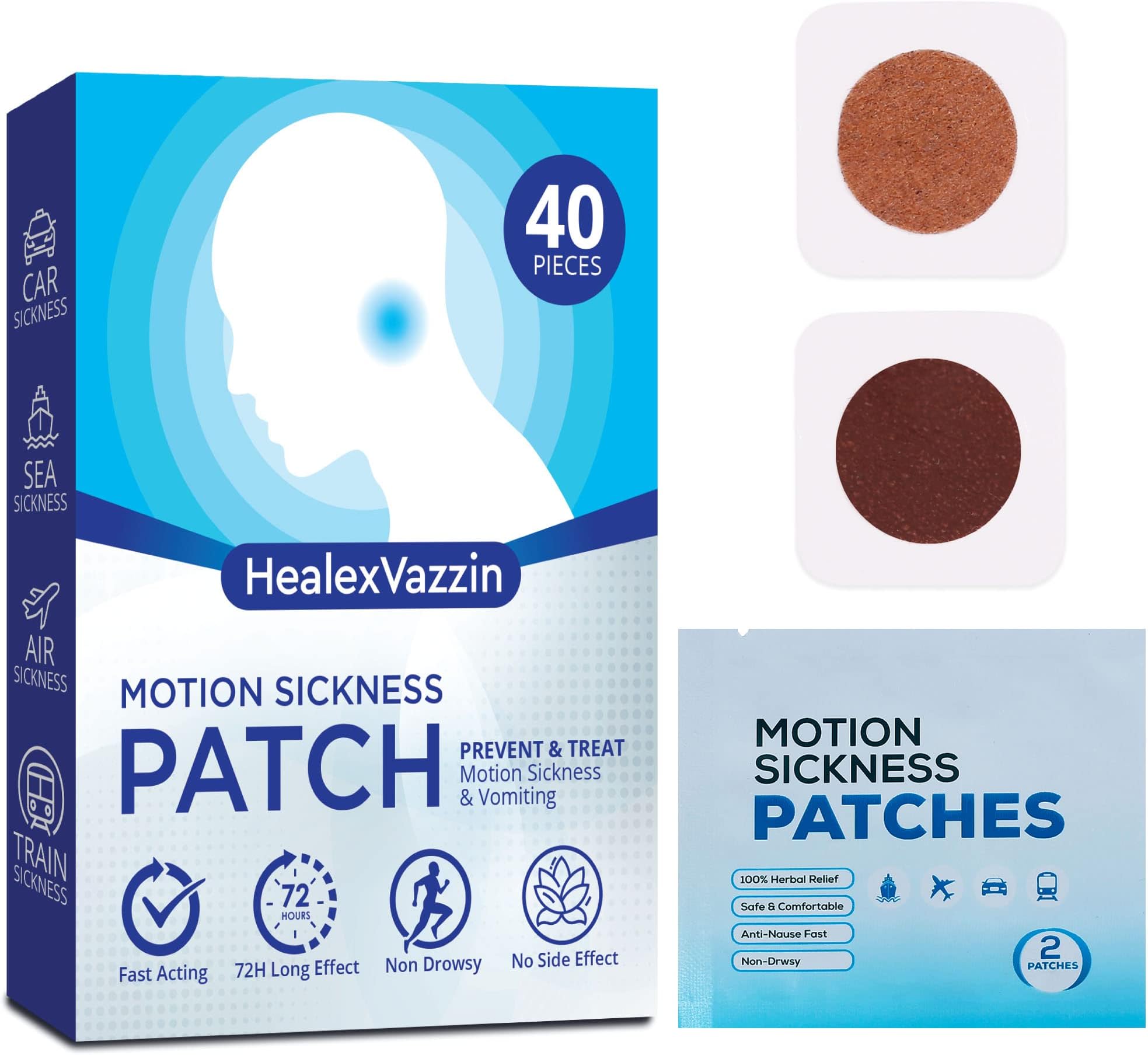 HealexVazzin40 Counts Motion Sickness Patches, Sea Sickness Patch, for Travel of Cars, Ships, Planes, Fast Acting and No Side Effects with Waterproof, Non drows