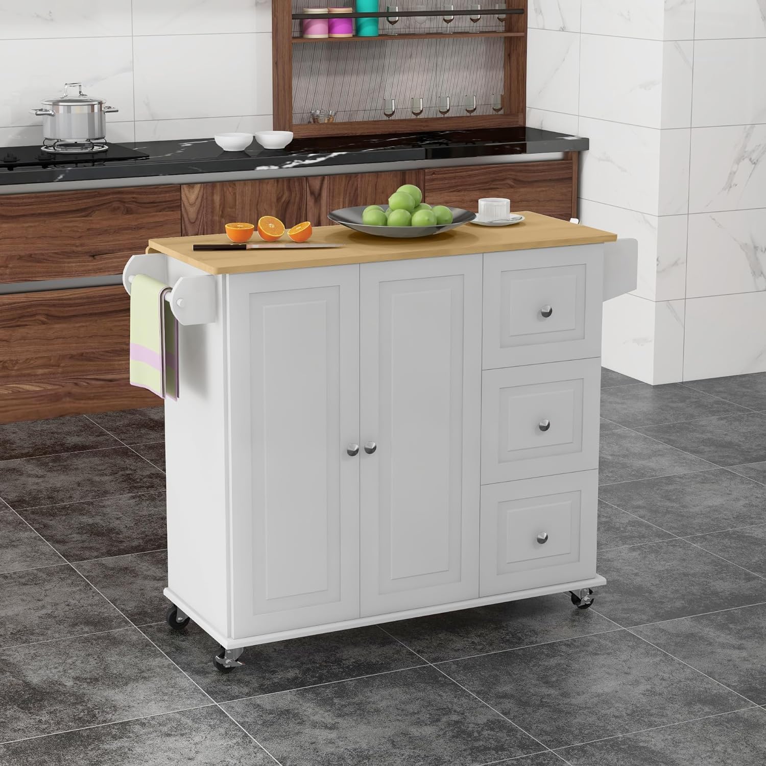 Storage Trolley Kitchen Island with Drop Leaf Rolling Cart On Wheels Drawers Cabinet Wood Top Spice Rack and Towel Shelving Organizer