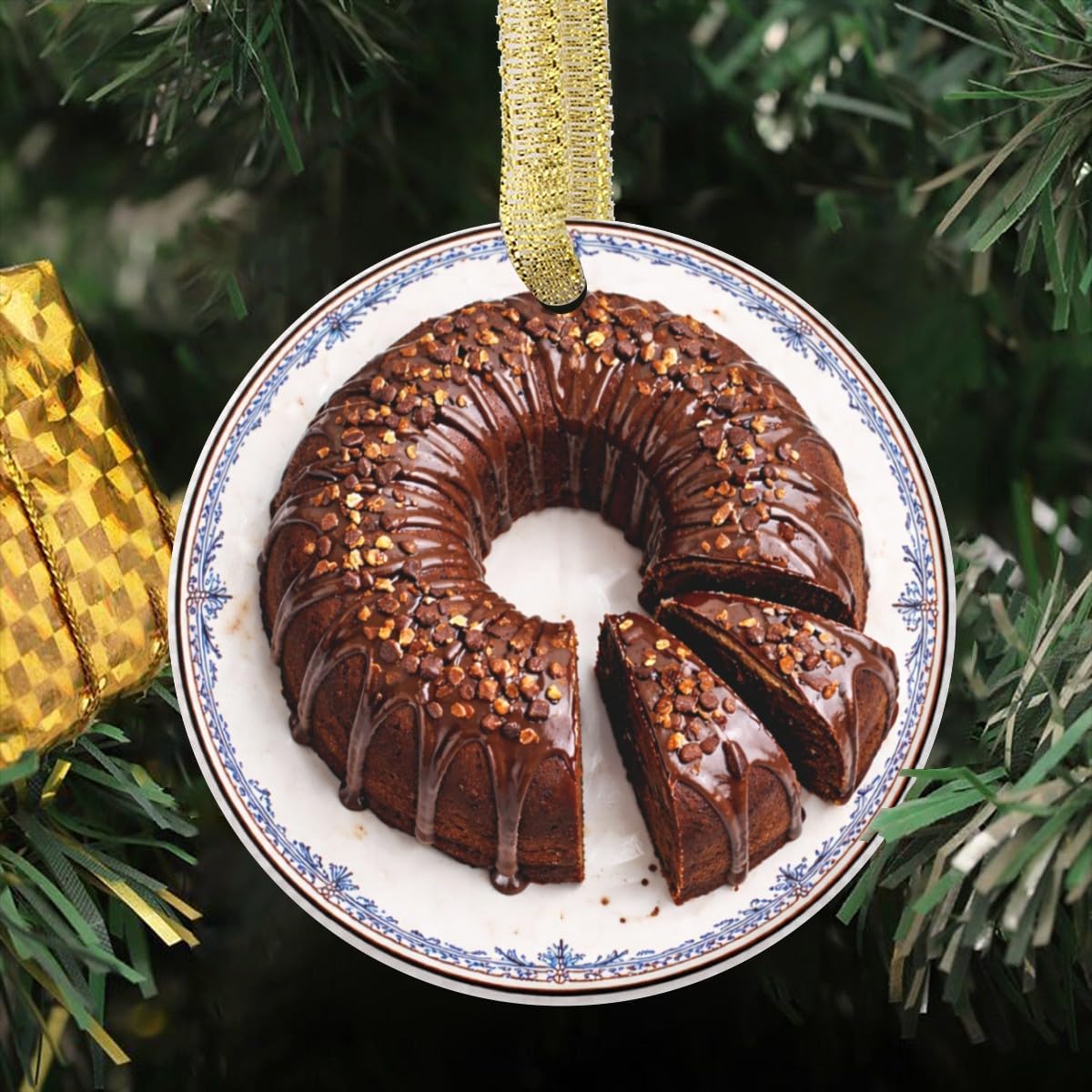 Chocolate Bundt Cake Rich Cocoa Bakery Dessert Cake Chocolate Ganache Drizzle Personalized Food Flat Printed Image on Ceramic Ornament – NOT 3D, Custom Text Back, Christmas Ornament