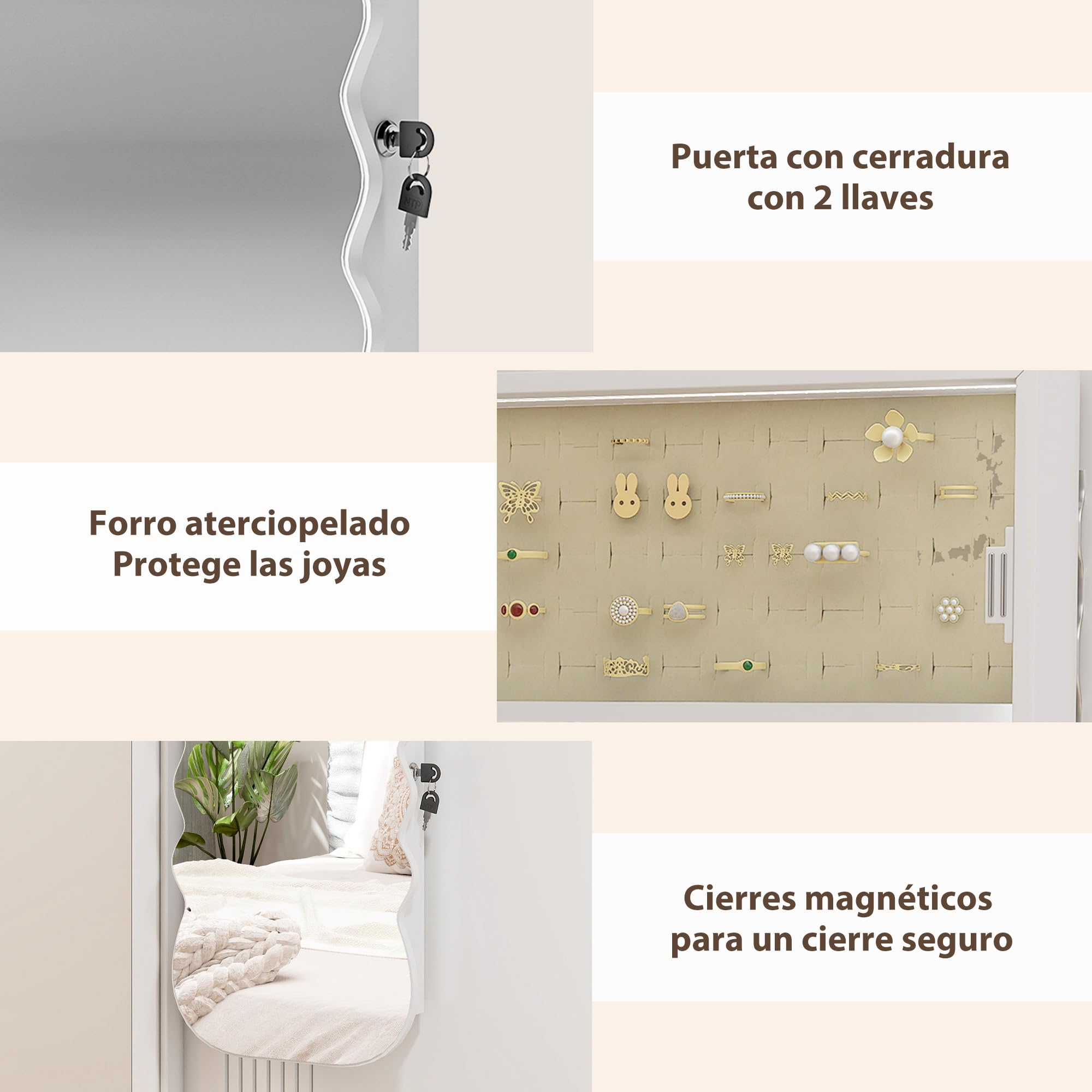 HOMCOM Espejo Joyero con Luz LED 3 Colores, Armario para Joyas Montado en Pared, Espejo Entero, Blanco
