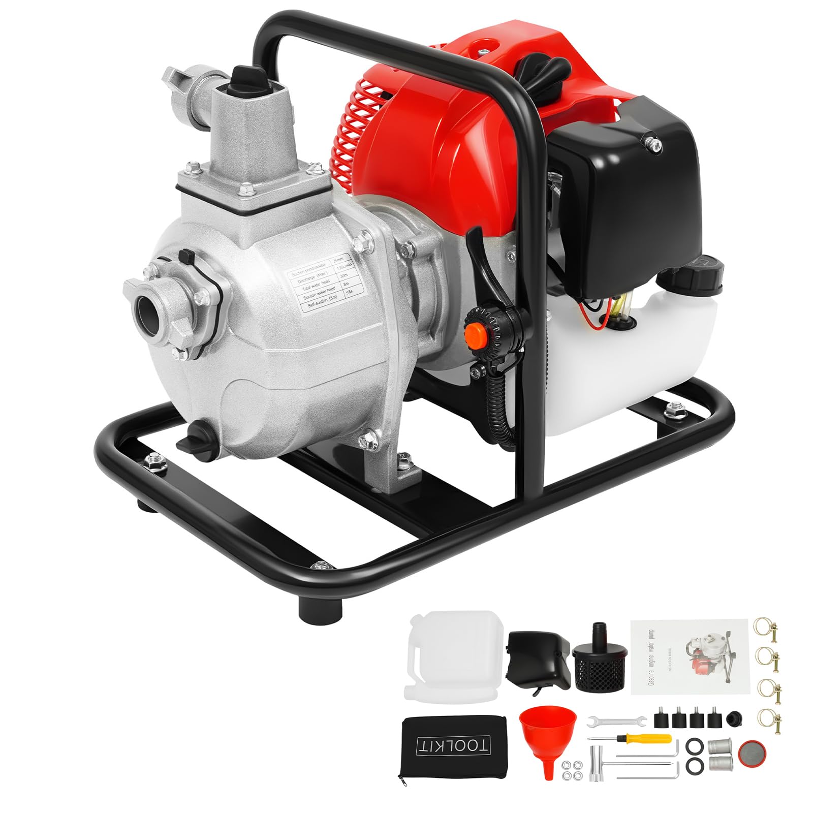Bomba de agua de gasolina, 43 cc, bomba de agua, bomba de motor, 20.000 l/h, bomba de agua sucia con motor de 2 tiempos, altura de extracción de 80 m, conexión de 1,5 pulgadas, depósito de 1,2