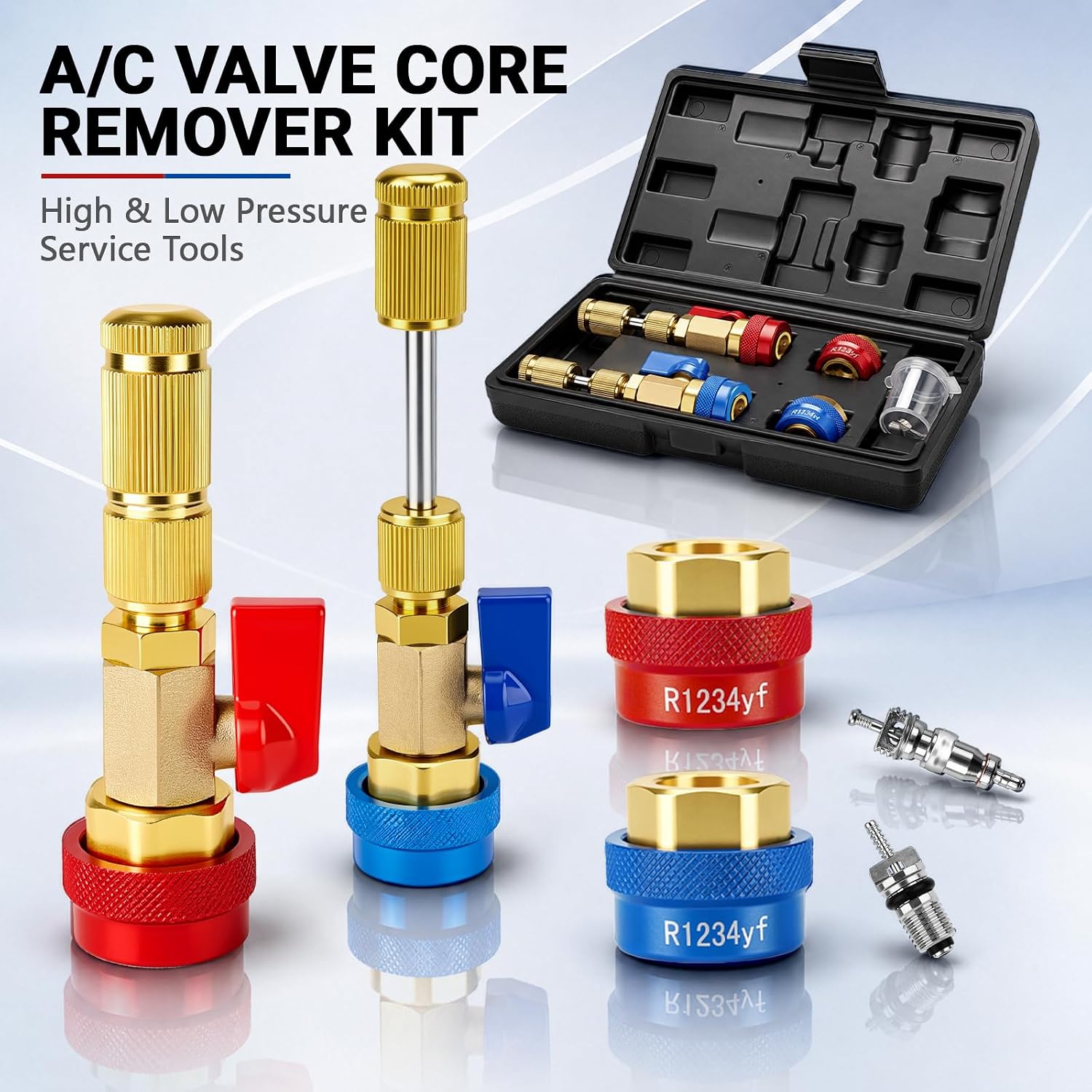 AC Valve Core Removal Tool, R134a R1234yf R22 Valve Core Remover Installer Tool Kit for Automotive Air Conditioning Systems, AC Valve Core Tool for Standard JRA and Schrader Valve