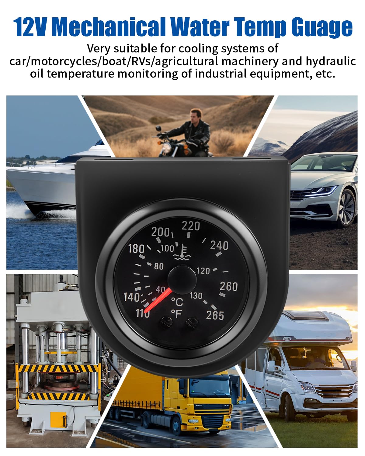 Mechanical Water Temperature Gauge 110-265℉with 1/2 NPT Sensor Kit 2" 52mm Water Temp Gauge 12V DC for Cars Yellow Light 40-130℃ Mechanical Temp Meter