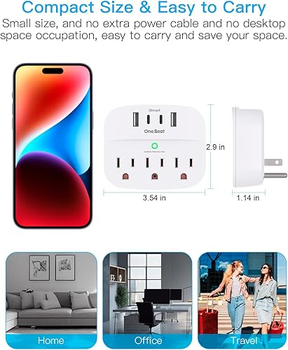 Miniatura 5 de Divisor de enchufes múltiples con USB, extensor de salida protector de sobretensiones con 3 salidas de pared, 4 cargadores de pared USB (2 USB C),