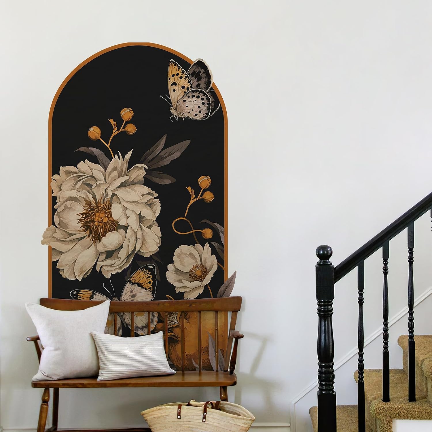 Boho Arch Wall Decals Vintage Floral Wall Sticker Peel and Stick 60"x 34.6" | Large Brown Flower Mural for Door Decor Removable Warm Peony Butterfly Wall Decal for Bedroom Living Room Office