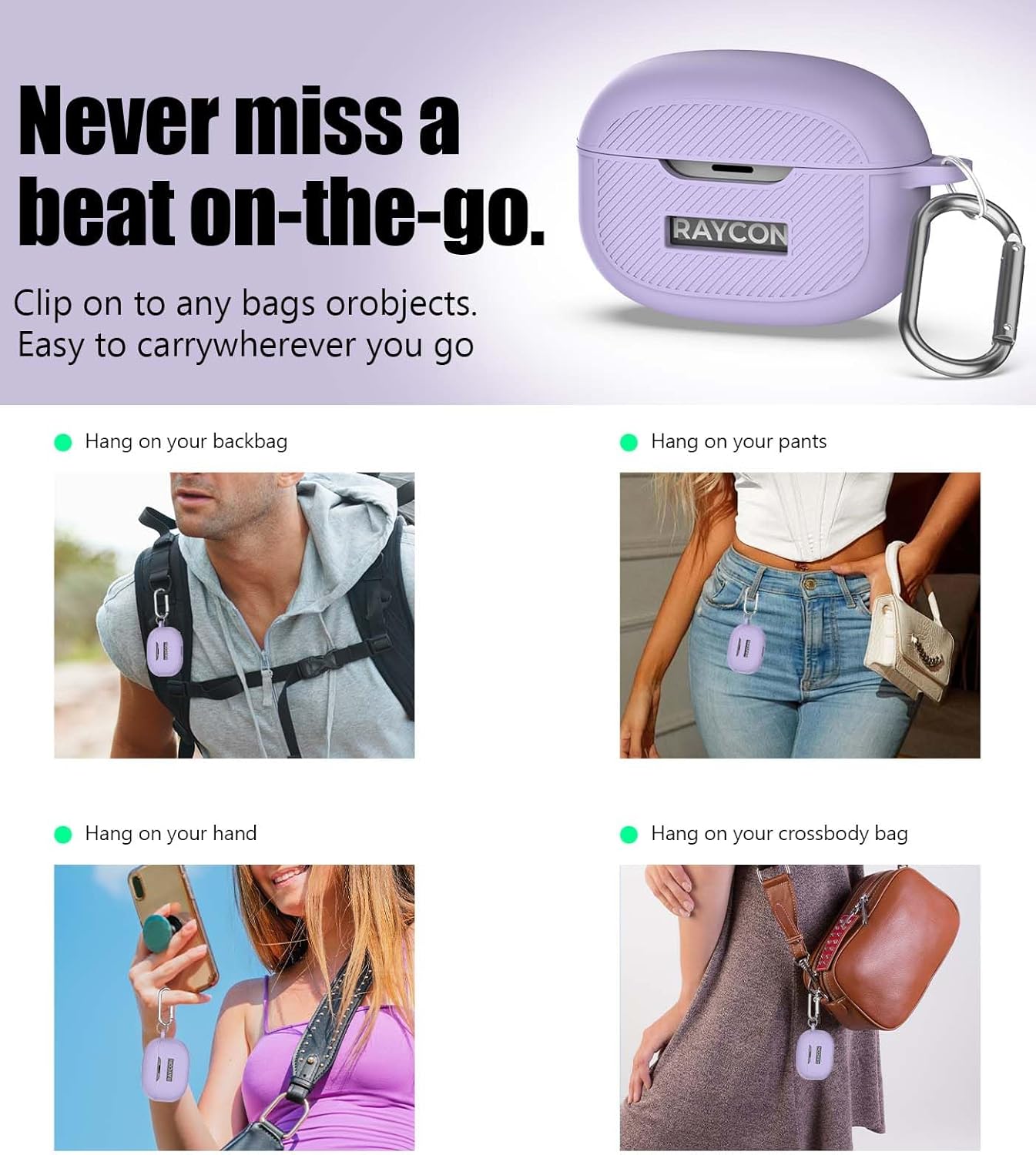 [3 in 1] for Raycon Everyday Earbuds(2024 Edition) Case Cover with Cleaner kit, Logo Visible Design Shockproof Silicone Protective Cover for Raycon Everyday Earbuds with Carabiner-Porple - Image 6