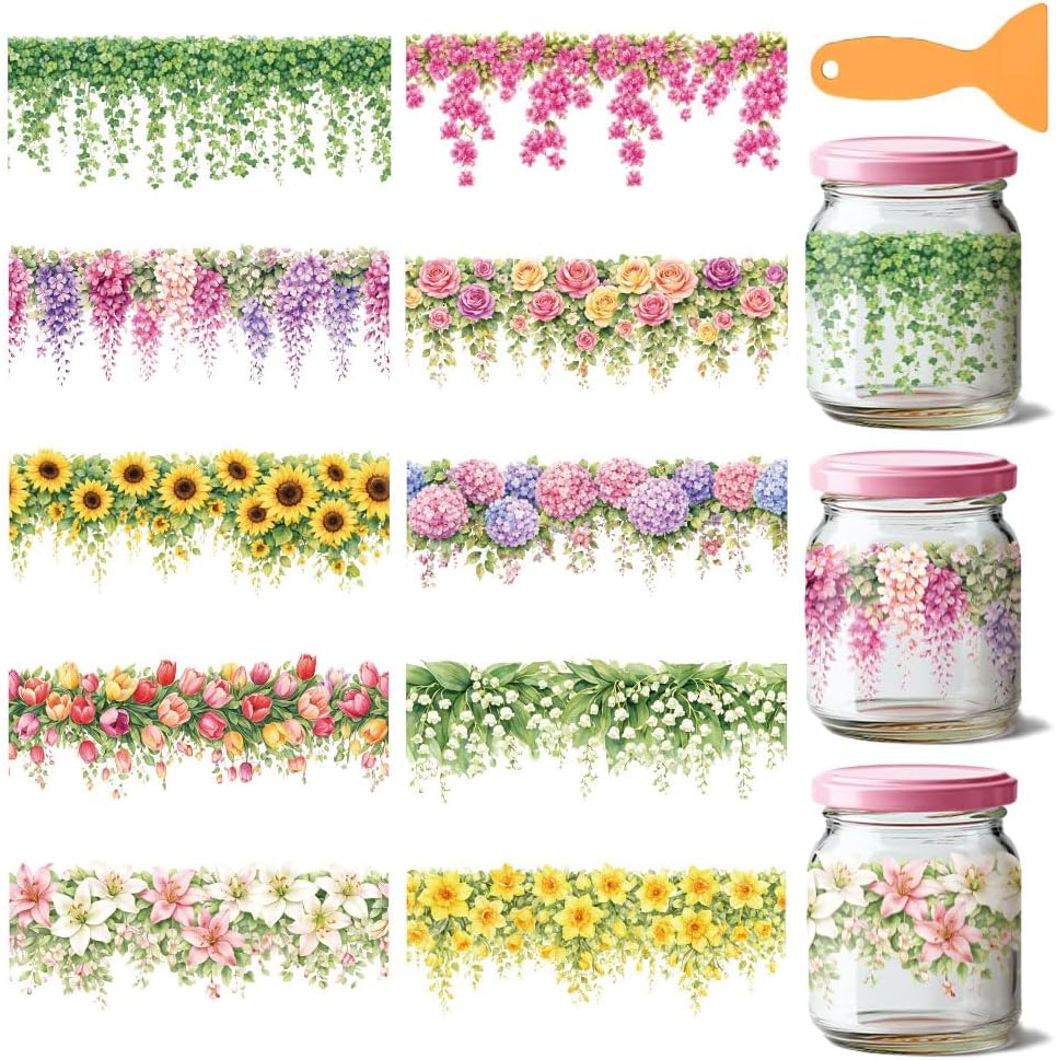 10 Pcs Floral Border UV DTF Cup Wraps for 16OZ Glass, Rose Vine UV DTF Transfer Stickers Waterproof Rub on Transfer Decals for Glass Bottle Vase Furniture Crafts, 4.3 x 9.4 Inch