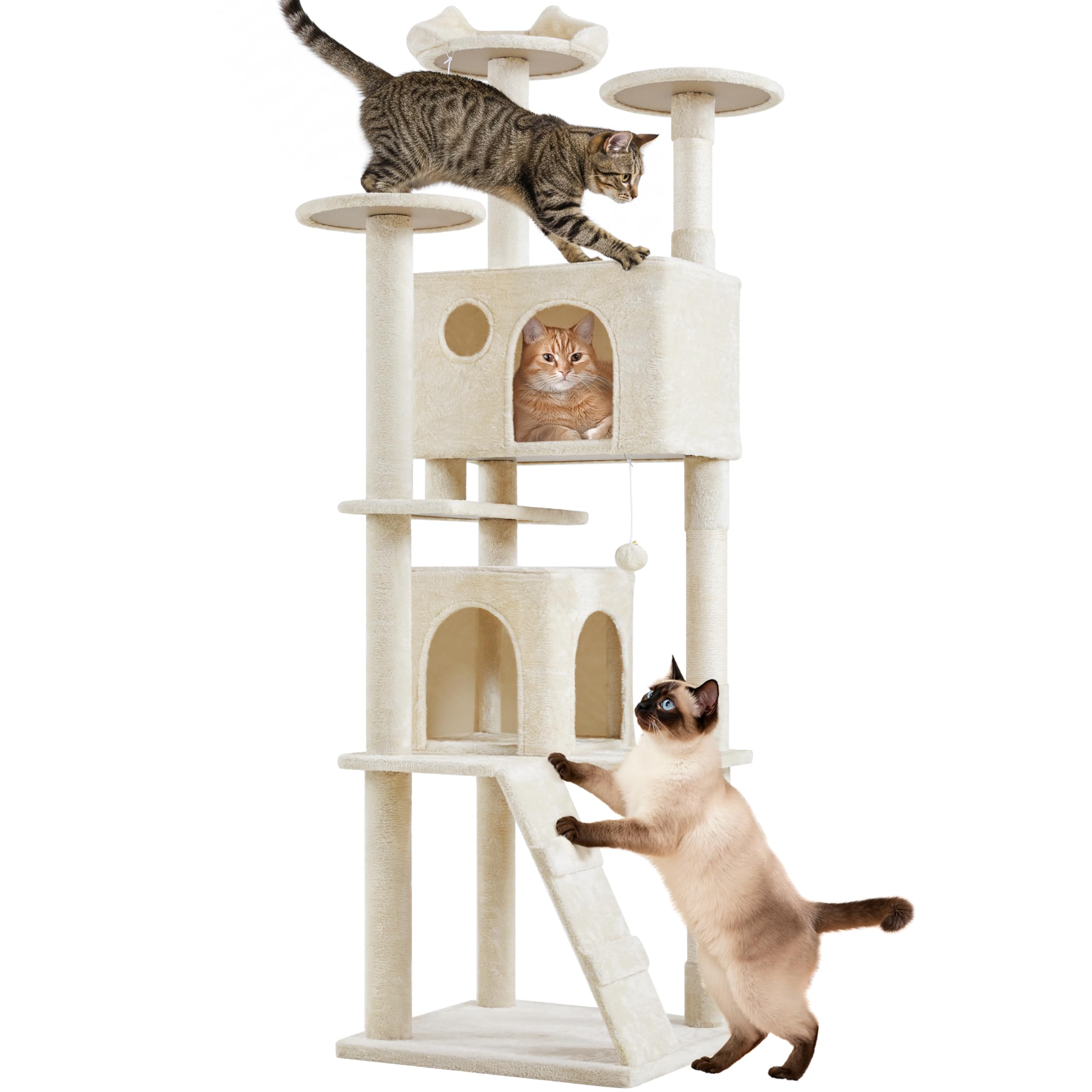 Yaheetech Árbol Rascador para Gatos 139cm con 3 Plataformas 2 Nidos 2 Pompones Torre de Escalador con Postes en Sisal Ideal para 3-4 Gatos Gris Oscuro — view 28