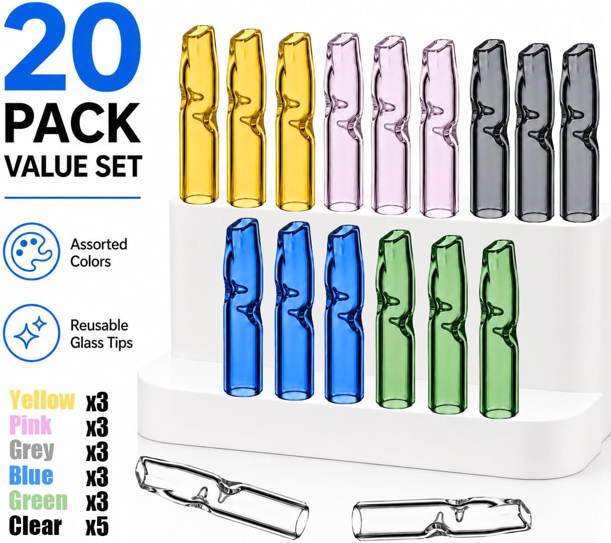 20 Pcs Reusable Glass Filter Tips for Rolled Paper Cones, 8mm OD 5mm ID x 35mm Length, Multicolor Borosilicate Glass Flat Mouthpiece Tips, Easy to Clean