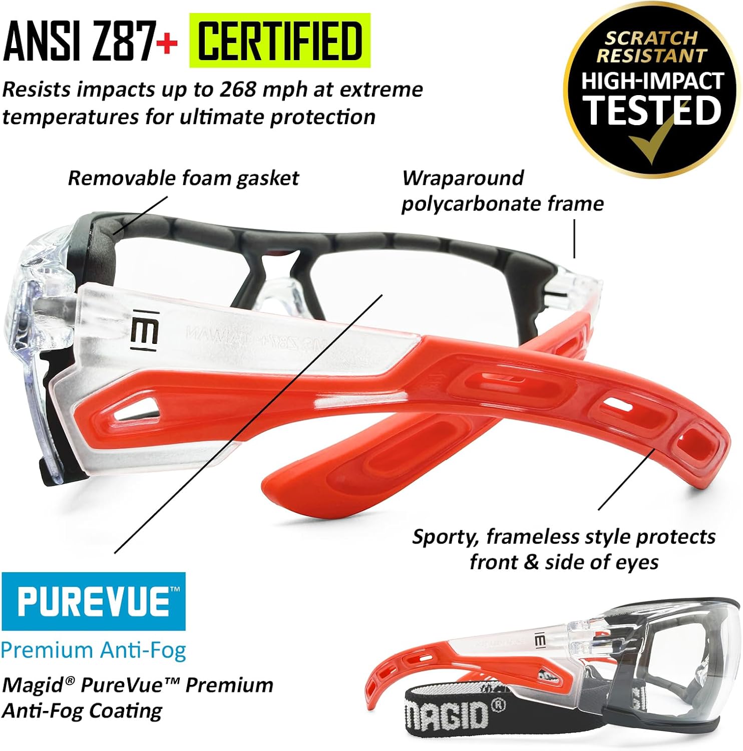 MAGID AcuSpex Frameless Clear Safety Glasses,TurboDry Strap, ESX4020