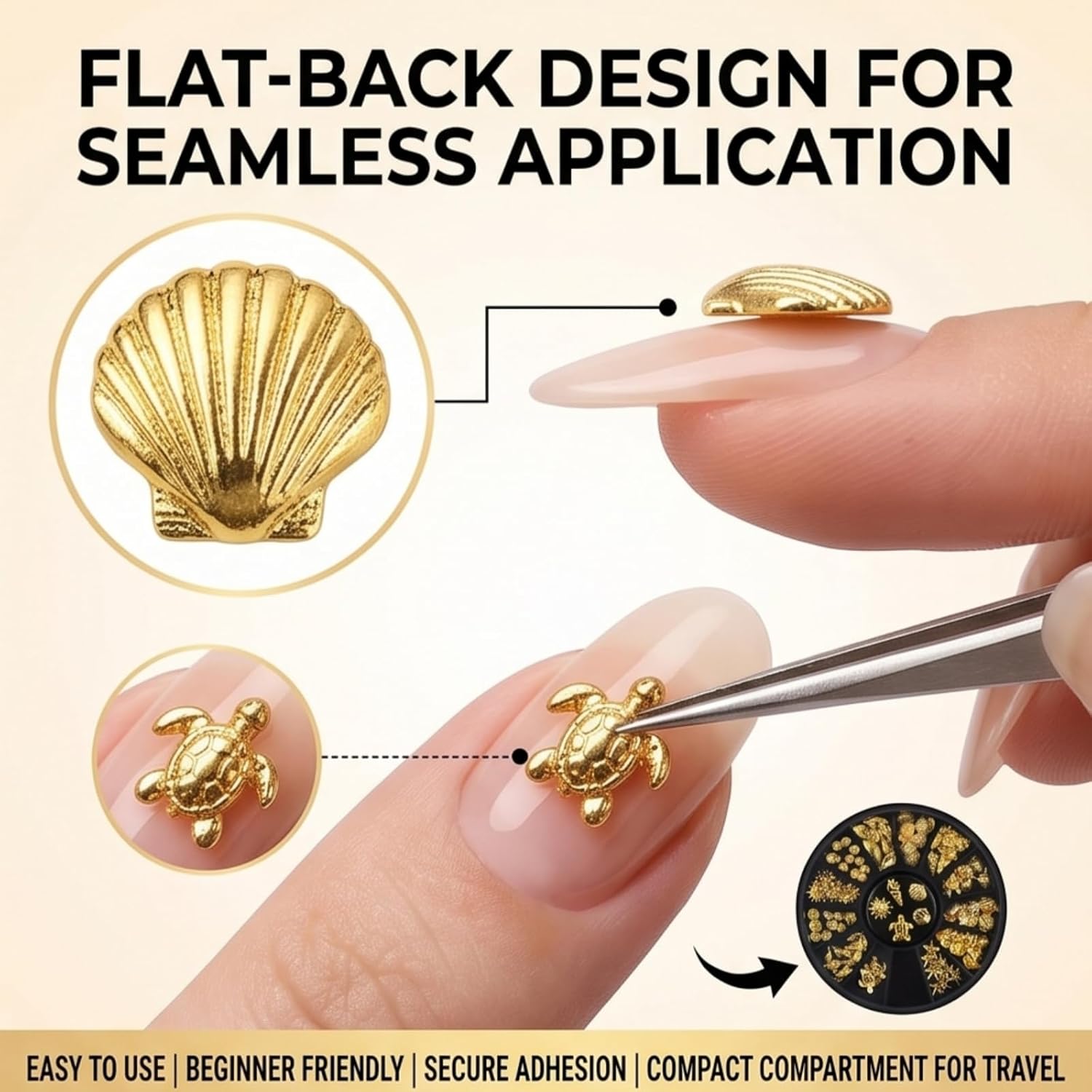 12 Styles Gold Ocean Nail Art Metal Studs 3D Charms for DIY Acrylic Tips | Palm Tree Design, Turtle Charms, Marine Life Theme, 3D Metal Studs, DIY Nail Decor