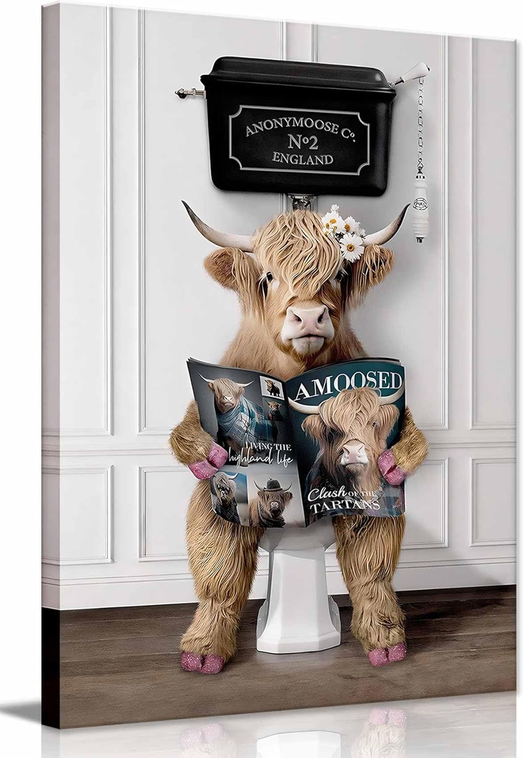 Frame Bathroom Highland Cow Canvas Wall Art Farm Cow are Reading Newspapers In The Toilet pictures posters Print Wall Decor Modern Humor Animals Paintings Funny Artworks for Bedroom(16x24in) 24"L x 16"W
