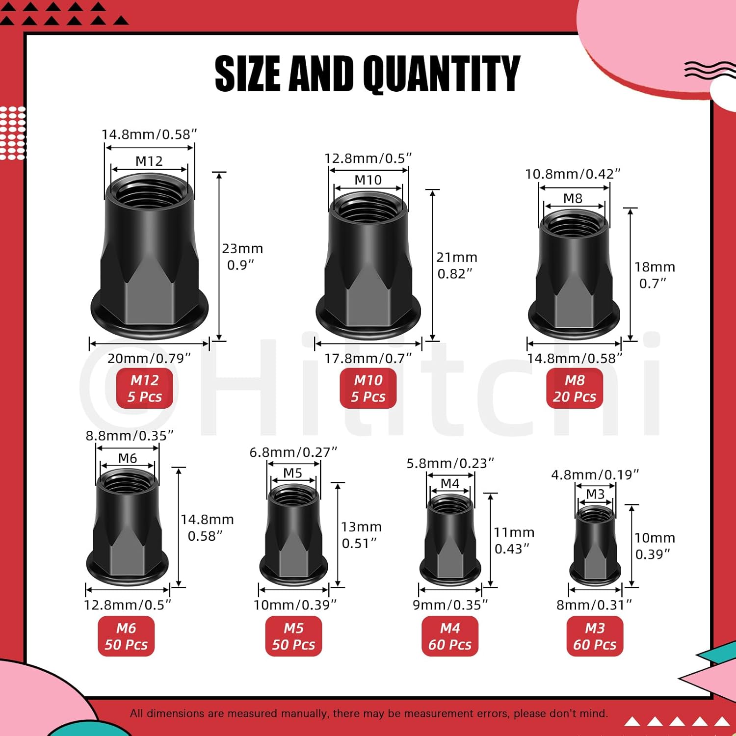 Hilitchi 250PCS Black Thread Half Hexagonal Flat Head Threaded Insert Nut 7 Sizes Metric M3 M4 M5 M6 M8 M10 M12 Carbon Steel Zinc-Plated Rivet Nuts Assortment Kit